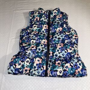 Gymboree Puffer‎ Vest Girls Size Large 10/12 Multicolor Front Zip Floral Blue